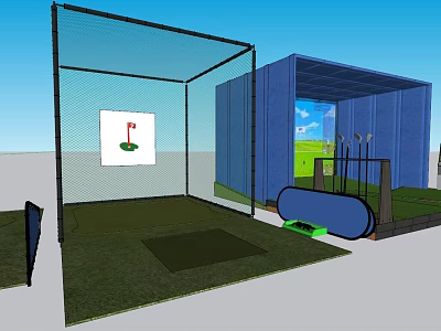 School Golf Practice Area With Hitting Net Putting Green And Clubs Storage Unit 3d model