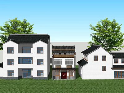 Chinese Style Buildings White Walls Black Roofs Green Lawn Large Trees Blue Sky Background 3d model