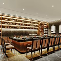 Modern Restaurant Interior With Long Dining Table Chairs And Wine Rack Wall Lighting 3d model