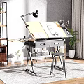 Art Supplies On Wooden Drawing Desk With Drawing Board Open Notebook Stool And Potted Plant