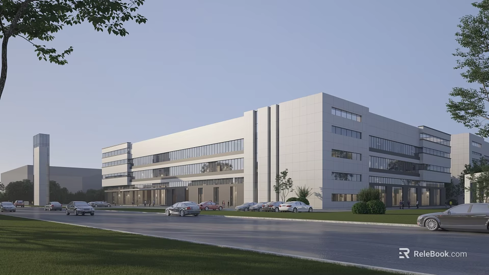 Modern Industrial Factory Building Exterior With Large Glass Windows And Landscaped Parking Area 3d model 