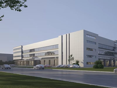 Modern Industrial Factory Building Exterior With Large Glass Windows And Landscaped Parking Area 3d model