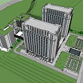 Modern Office Building Complex With Tall Twin Towers Glass Curtain Walls And Central Plaza