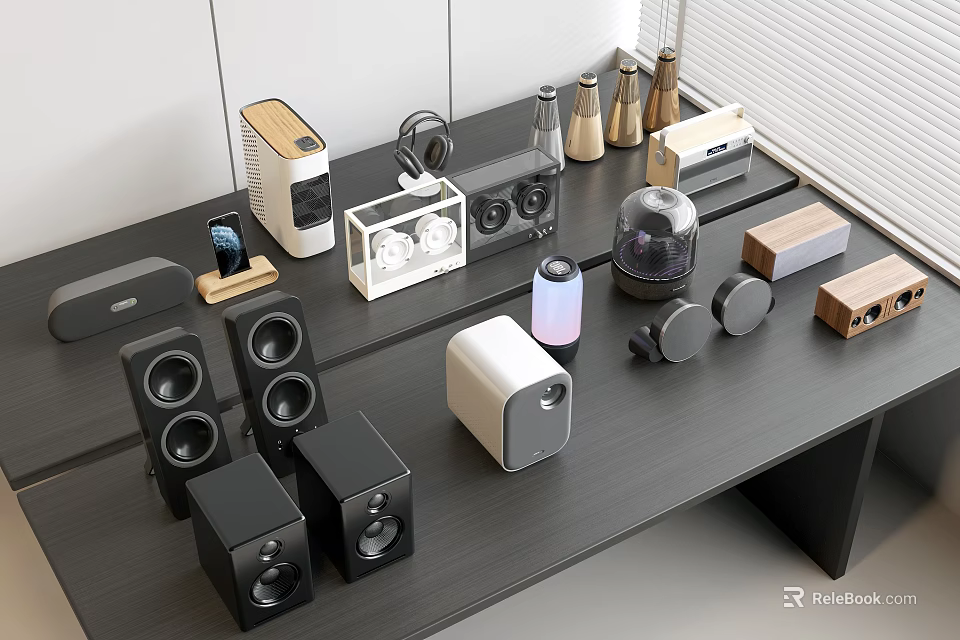 Modern Headphones and Speakers with Various Designs on Display Table Top 3d model 