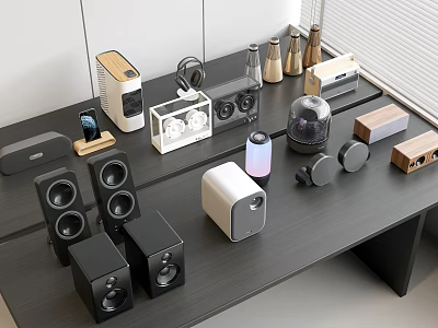 Modern Headphones and Speakers with Various Designs on Display Table Top 3d model