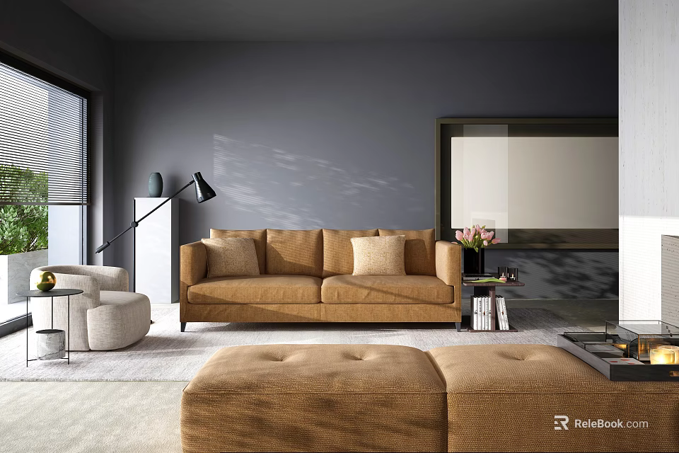 Modern Brown Sofa Set With Ottoman Floor Lamp And Coffee Table In Living Room 3d model 