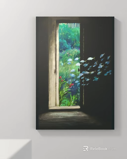 Window With Green Plants Swimming Fish And Red Flowers On Dark Walls 3d model 