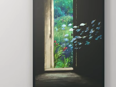 Window With Green Plants Swimming Fish And Red Flowers On Dark Walls 3d model
