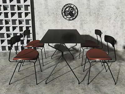 Black Square Table and Chairs Set with Brown Seats Black Legs Gray Wall Decor 3d model