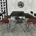 Black Square Table and Chairs Set with Brown Seats Black Legs Gray Wall Decor