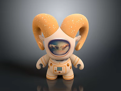 Astronaut Themed Figurine With Large Orange Horns And Scenic Chest 3d model