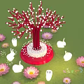 Red Decorative Tree With White Lights Rabbit Ornaments And Pink Lotus Flowers On Green Grass