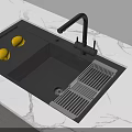 Modern Black Kitchen Faucet with Sink Drying Rack and Lemons on Marble Countertop