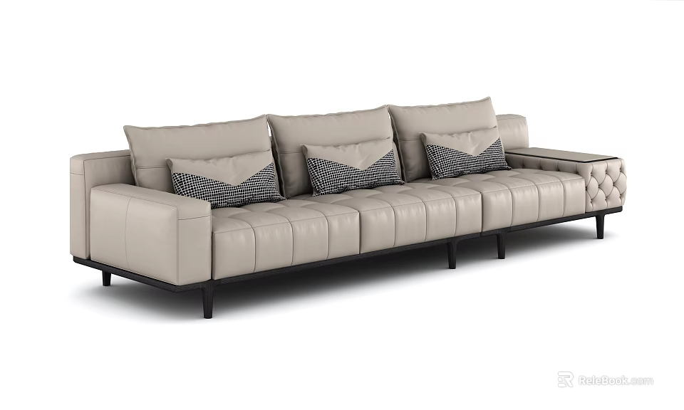 Beige Leather Multi Seater Sofa With Black Frame And Plaid Patterned Cushions 3d model