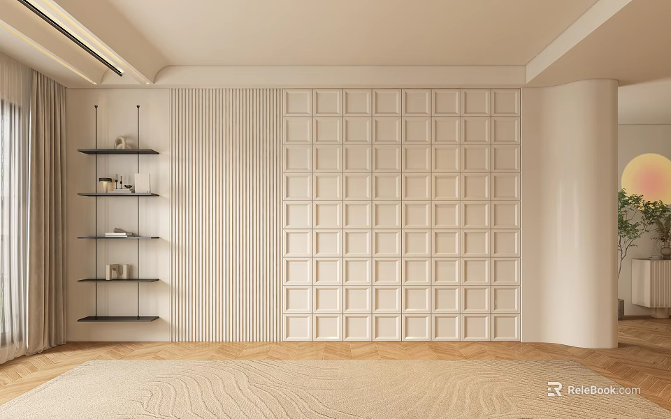 Minimalist Sofa Backdrop Wall With Grid Panel Design And Floating Shelves 3d model