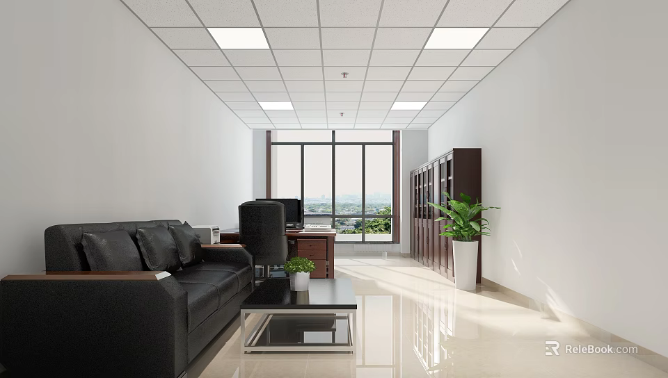 Spacious Modern Office Interior With Sofa Desk Bookcase Floor to Ceiling Windows And Plants 3d model