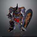 Armored Mechanical Warrior With Orange Blue Armor Shield And Glowing Red Weapon