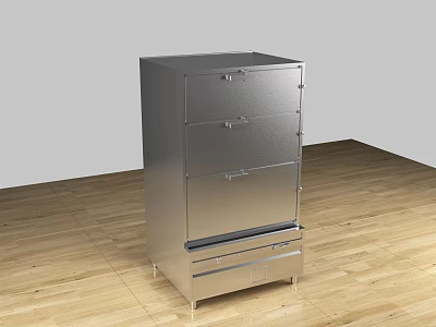 Modern Silver Stainless Steel Kitchen Appliance Cabinet With Drawers On Wooden Floor 3d model