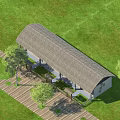 Rustic Homestay Building With Thatched Roof Covered Porch Large Windows And Wooden Deck