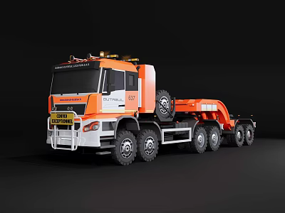Orange And White Heavy Duty Tow Truck With Multiple Wheels And Roof Lights 3d model
