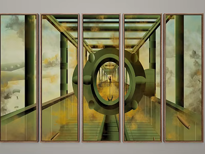 Five Panel Abstract Painting With Green Frame Circular Porthole Passageway Stairs And Cloudy Sky 3d model