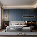 Modern Navy Blue Bedroom With Panelled Walls Wardrobe Hanging Clothes Bedside Lamp And Linear Light