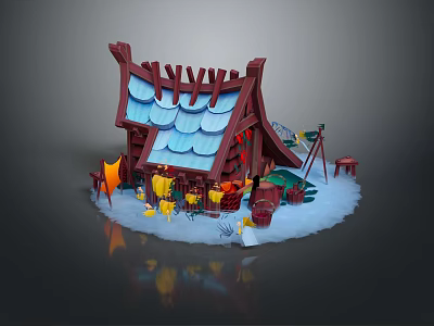 Cartoon Scene Featuring Red House Blue Tiled Roof Jagged Decorations Snowy Ground Yellow Play Furniture 3d model