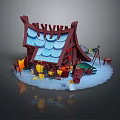 Cartoon Scene Featuring Red House Blue Tiled Roof Jagged Decorations Snowy Ground Yellow Play Furniture