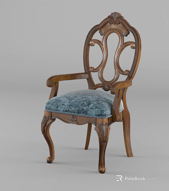 Classic Wooden Dining Chair With Carved Details Armrests And Blue Velvet Seat Cushion 3d model 