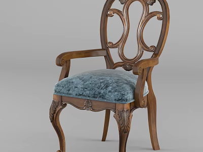 Classic Wooden Dining Chair With Carved Details Armrests And Blue Velvet Seat Cushion 3d model