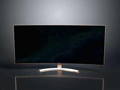 Curved Computer Monitor with Black Screen Golden Stand and Reflective Surface 3d model