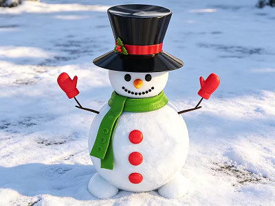 Festive Snowman Ornament Decoration Set With Black Top Hat Green Scarf Red Gloves And Buttons 3d model