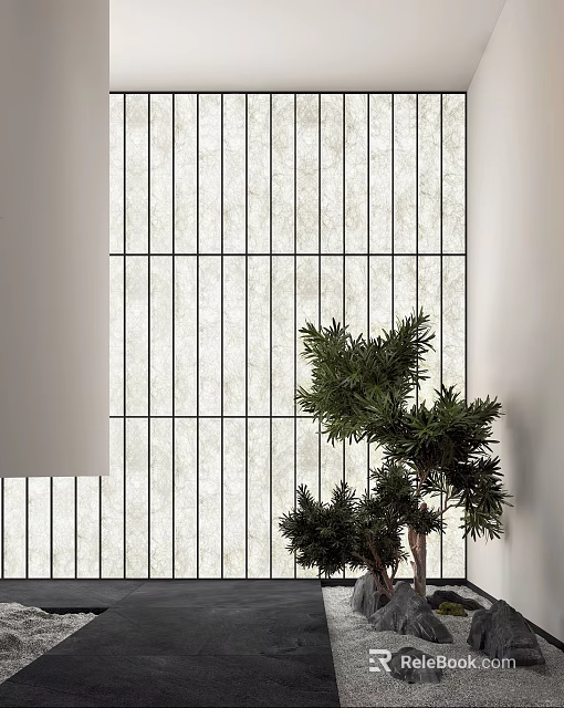 Foyer Hallway Interior With Vertical Striped Wall And Green Plant 3d model 