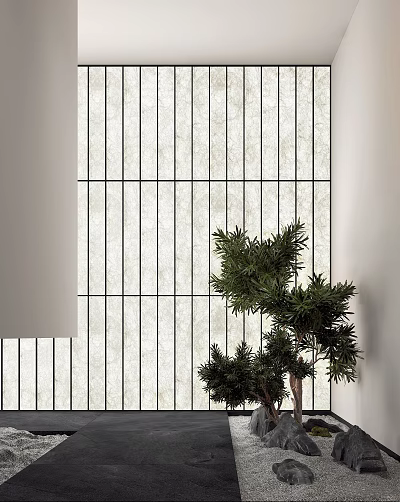 Foyer Hallway Interior With Vertical Striped Wall And Green Plant 3d model