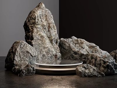 Commercial Display Stand With Illuminated Circular Platform And Stone Decoration For Business Presentation 3d model