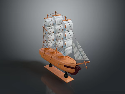 Detailed Wooden Sailboat Model With Multiple White Sails On Black Display Base 3d model