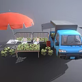 Outdoor Fruit Stand With Blue Truck Red Umbrella And Green Apple Baskets