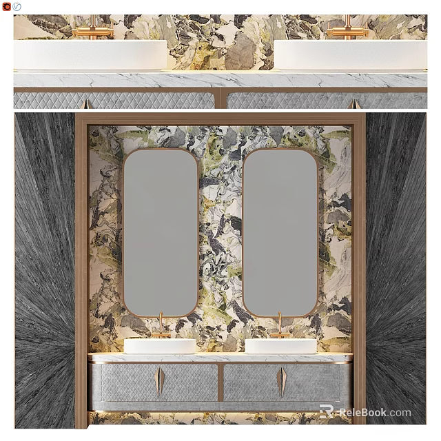 Modern Luxury Vanity Design With Double Mirrors Gold Frames And Floral Patterned Backsplash 3d model