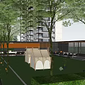 Modern Residential Landscape with High Rise Buildings Green Lawn Tents Wooden Walkway and Water Feature