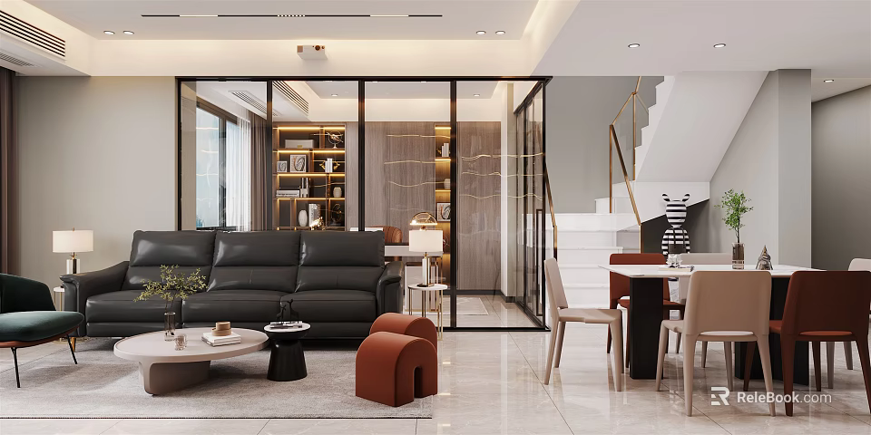 Modern Living Dining Room Interior With Black Sofa Coffee Table Dining Chairs And Glass Partition 3d model 
