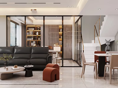 Modern Living Dining Room Interior With Black Sofa Coffee Table Dining Chairs And Glass Partition 3d model