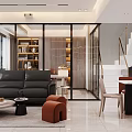 Modern Living Dining Room Interior With Black Sofa Coffee Table Dining Chairs And Glass Partition