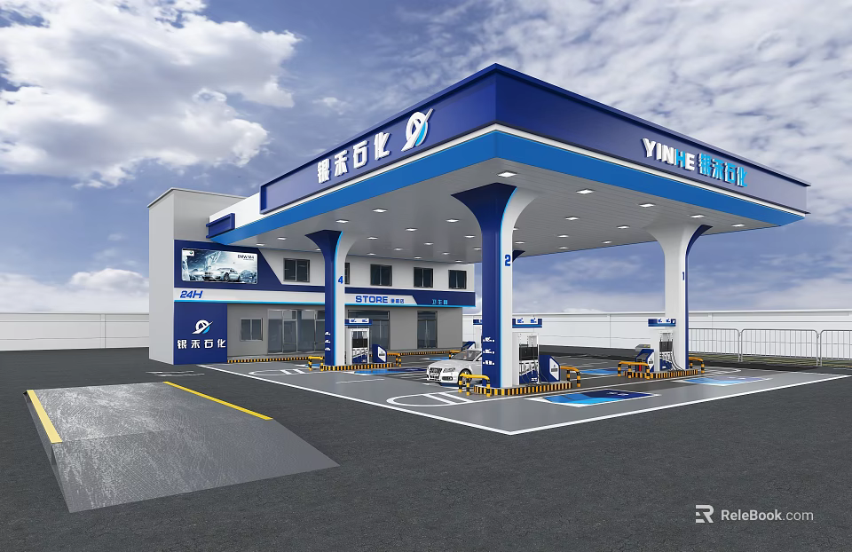 Modern Gas Station Exterior With Blue Canopy White Pillars And Fuel Pumps 3d model 