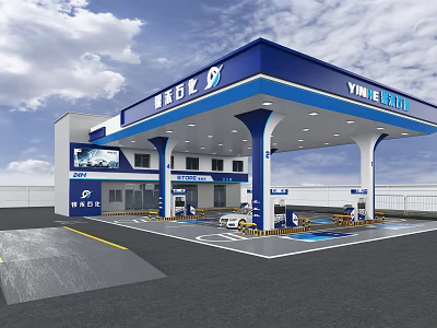Modern Gas Station Exterior With Blue Canopy White Pillars And Fuel Pumps 3d model