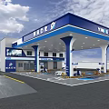 Modern Gas Station Exterior With Blue Canopy White Pillars And Fuel Pumps