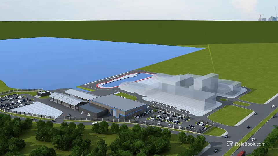 Industrial Factory Building With Surrounding Greenery Waterfront Area And Parking Lot 3d model 