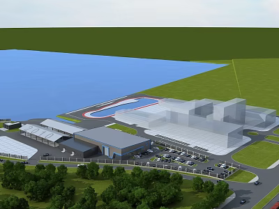 Industrial Factory Building With Surrounding Greenery Waterfront Area And Parking Lot 3d model