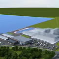 Industrial Factory Building With Surrounding Greenery Waterfront Area And Parking Lot