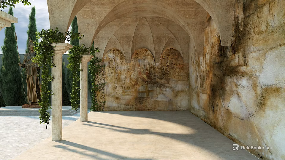European Architecture Arched Structure Featuring Stone Columns Ivy Plants Weathered Walls And Sunlight Shadows 3d model 