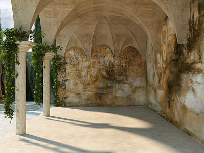 European Architecture Arched Structure Featuring Stone Columns Ivy Plants Weathered Walls And Sunlight Shadows 3d model